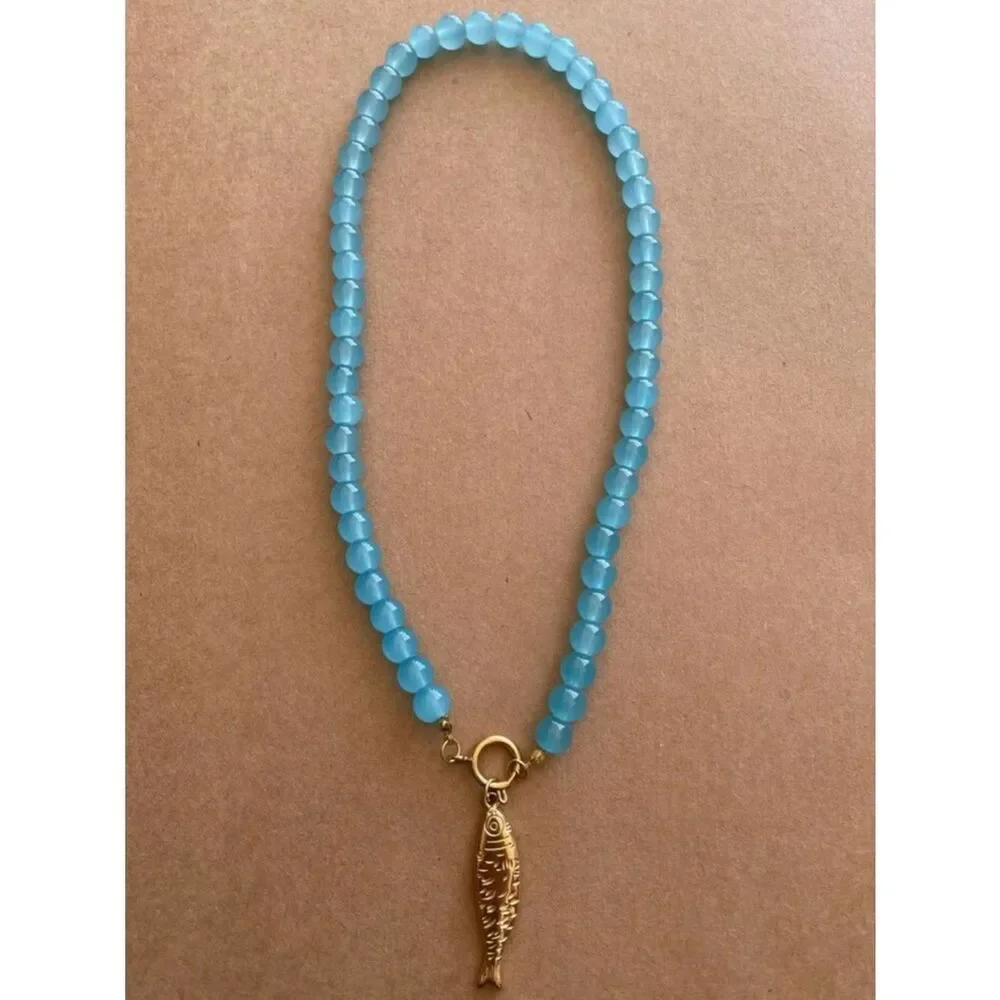 Blue Beaded Necklace with Gold Fish A1771